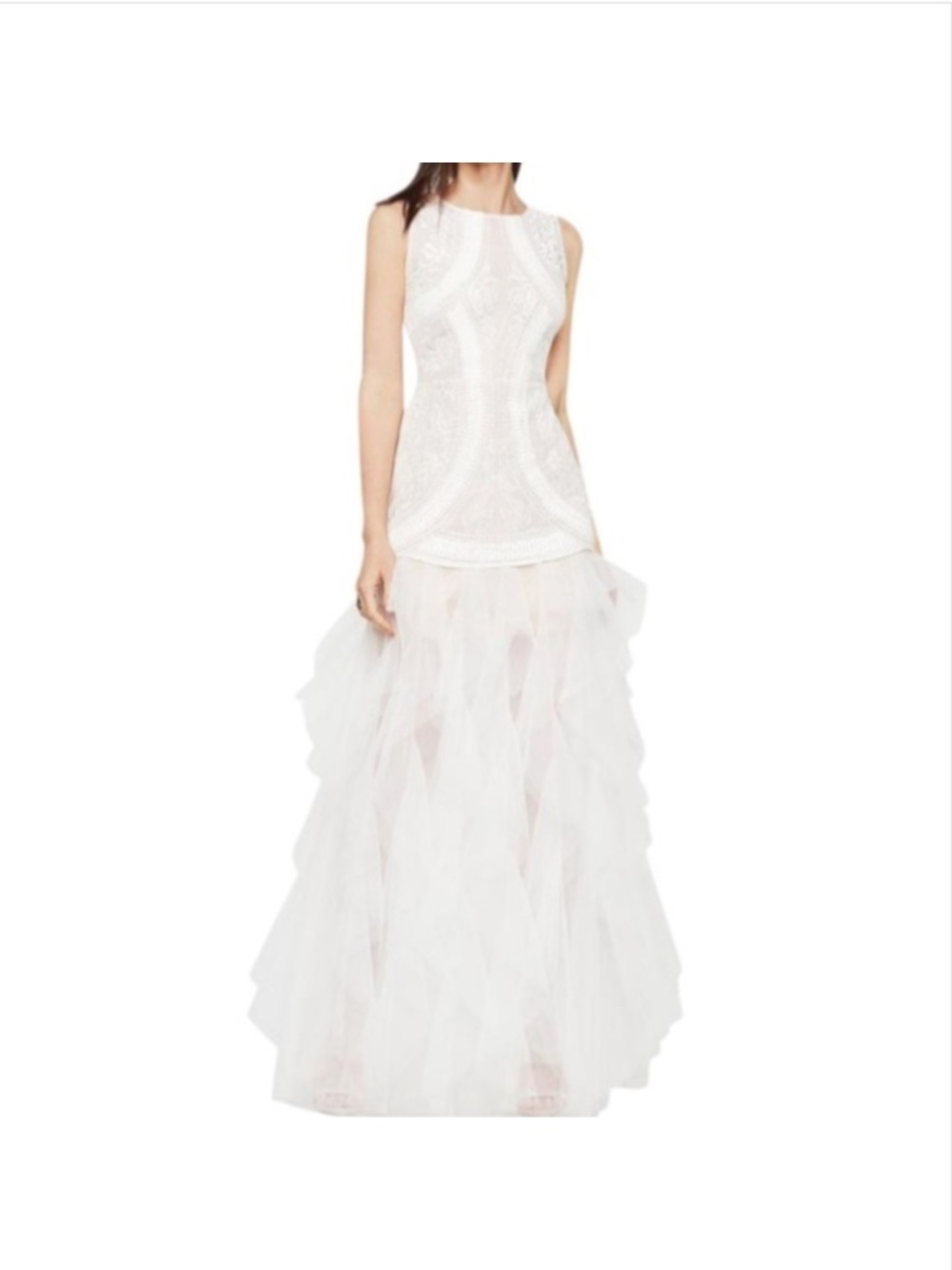Bcbg Max Azria Vivica White Tulle Embroidered Sleeveless Gown Formal Dress 4